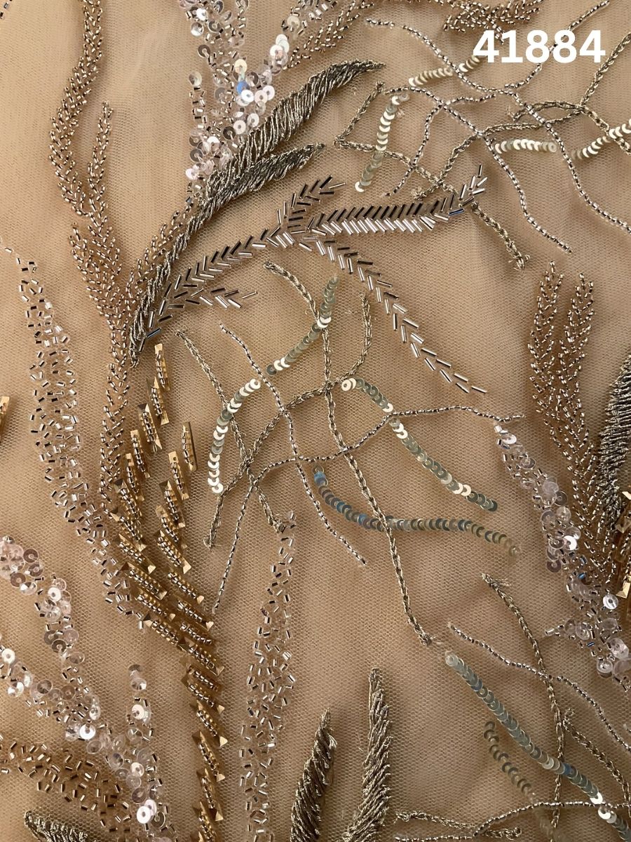 #41884 Gold & Silver Hand-Beaded Fabric with Intricate Thread work, Beads & Sequins