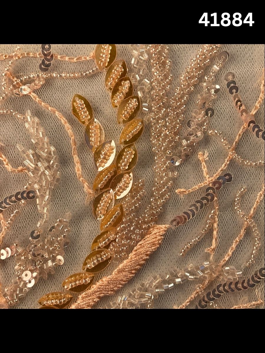 #41884 Gold & Silver Hand-Beaded Fabric with Intricate Thread work, Beads & Sequins