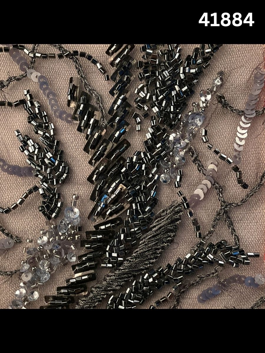 #41884 Gold & Silver Hand-Beaded Fabric with Intricate Thread work, Beads & Sequins