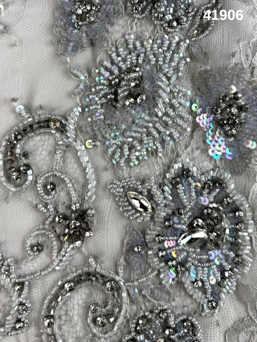 #41906 Exquisite Hand-Beaded Lace Floral Design with Beads, Sequins, and Rhinestones – Elegant Embellishments for Couture Fashion