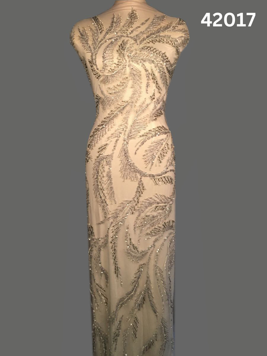 #42017 Exquisite Hand-Beaded Fabric in Abstract Design – Elegantly Embellished with Rhinestones, Beads, and Sequins for Couture, Eveningwear, and Luxury Fashion