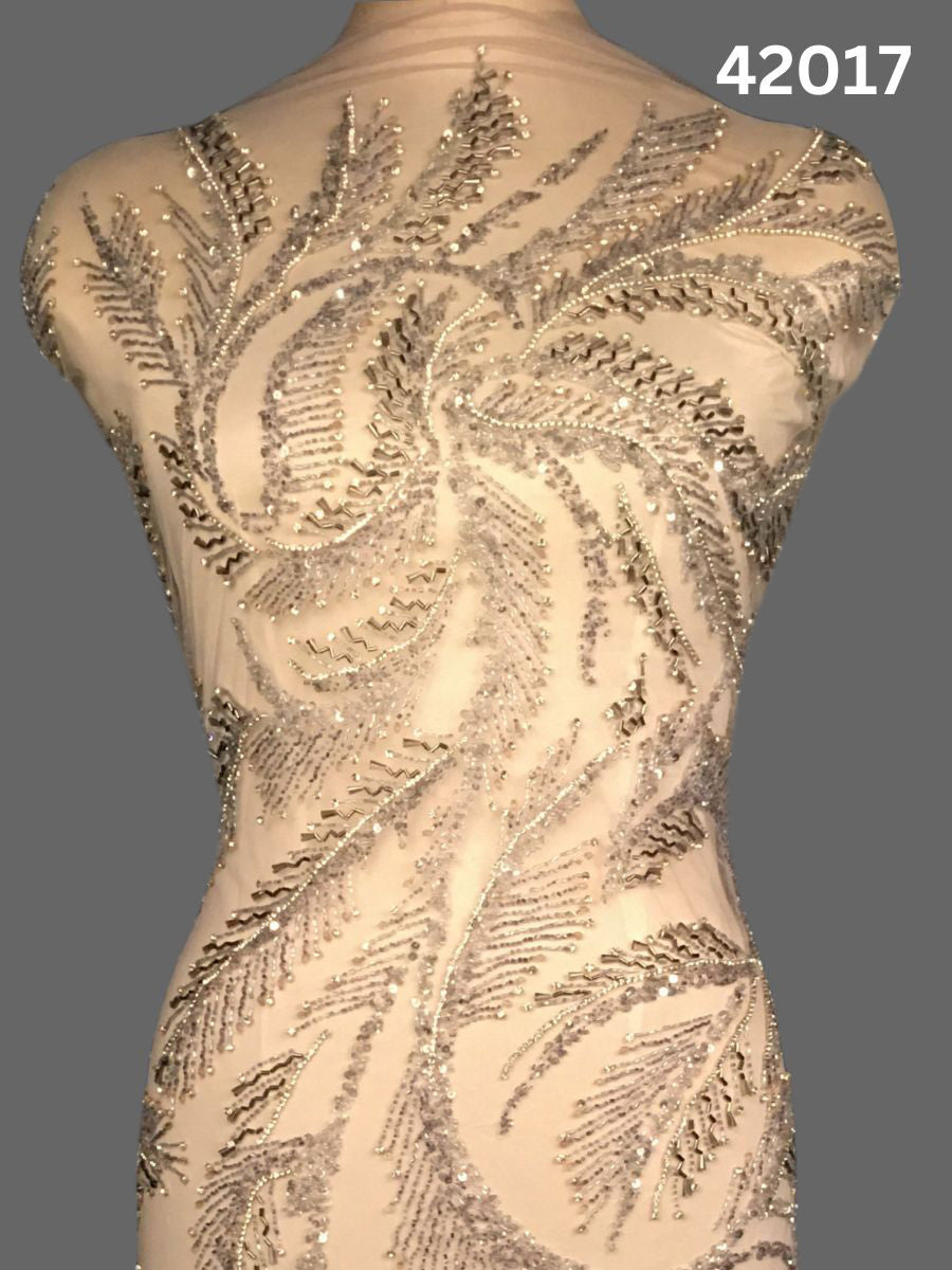 #42017 Exquisite Hand-Beaded Fabric in Abstract Design – Elegantly Embellished with Rhinestones, Beads, and Sequins for Couture, Eveningwear, and Luxury Fashion
