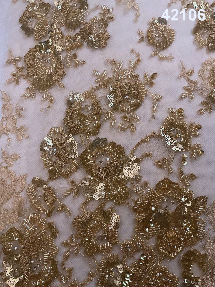 #42106 Cascading Crescendo: Hand-Beaded French Lace Fabric with a Stunning Cascade of Beads and Sequins