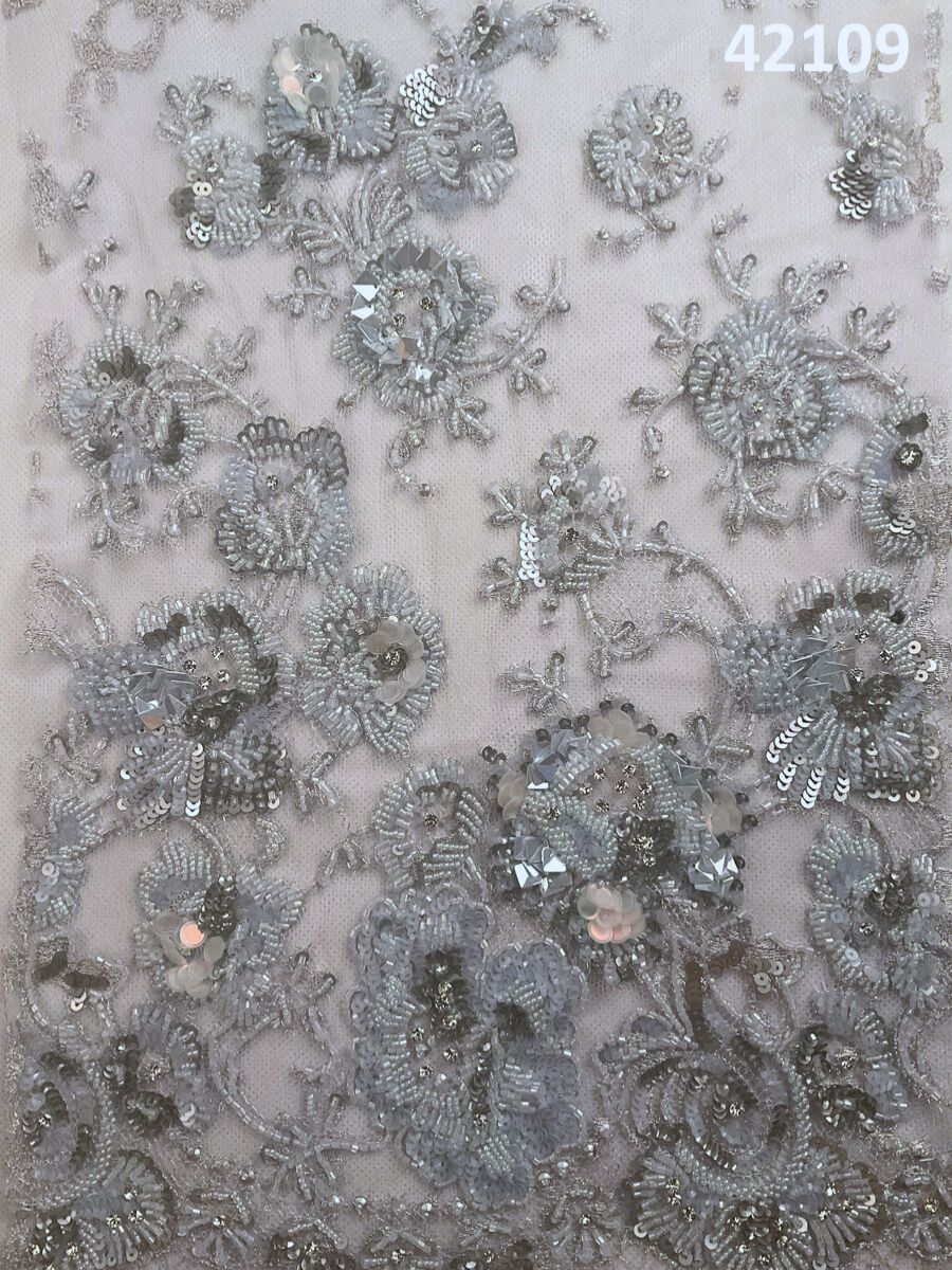 #42109 Whispering Winds: Hand-Beaded French Lace Fabric with Delicate Beads and Sequins