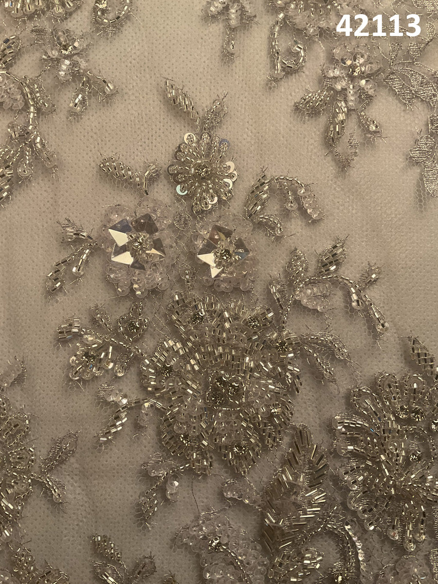#42113 Enchanted Embrace: Hand-Beaded French Lace Fabric with Mesmerizing Beads and Sequins