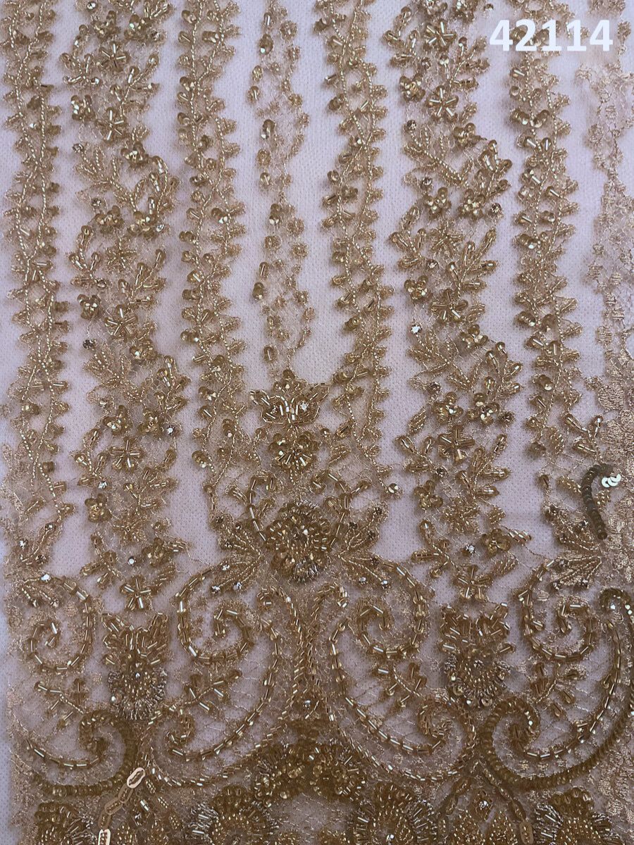 #42114 Dazzling Delights: Hand-Beaded French Lace Fabric Adorned with Captivating Beads and Sequins