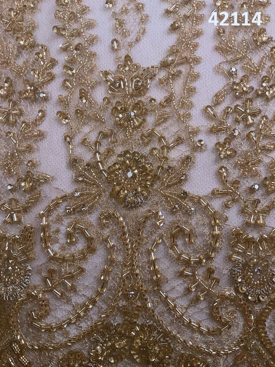 #42114 Dazzling Delights: Hand-Beaded French Lace Fabric Adorned with Captivating Beads and Sequins