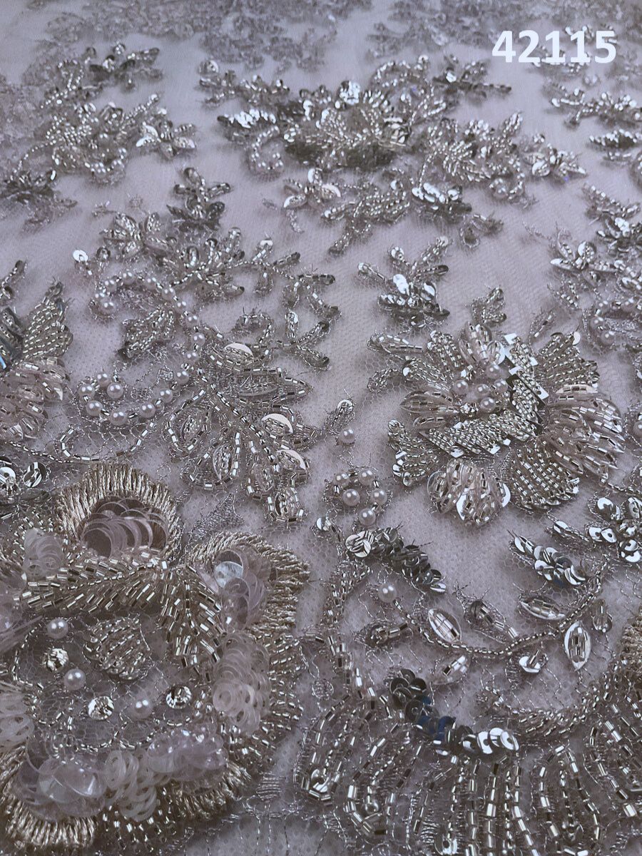 #42115 Whimsical Whispers: Hand-Beaded French Lace Fabric Whispering with Enchanting Beads and Sequins