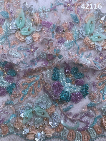 #42116 Glistening Gardens: Hand-Beaded French Lace Fabric Blossoming with Glittering Beads and Sequins