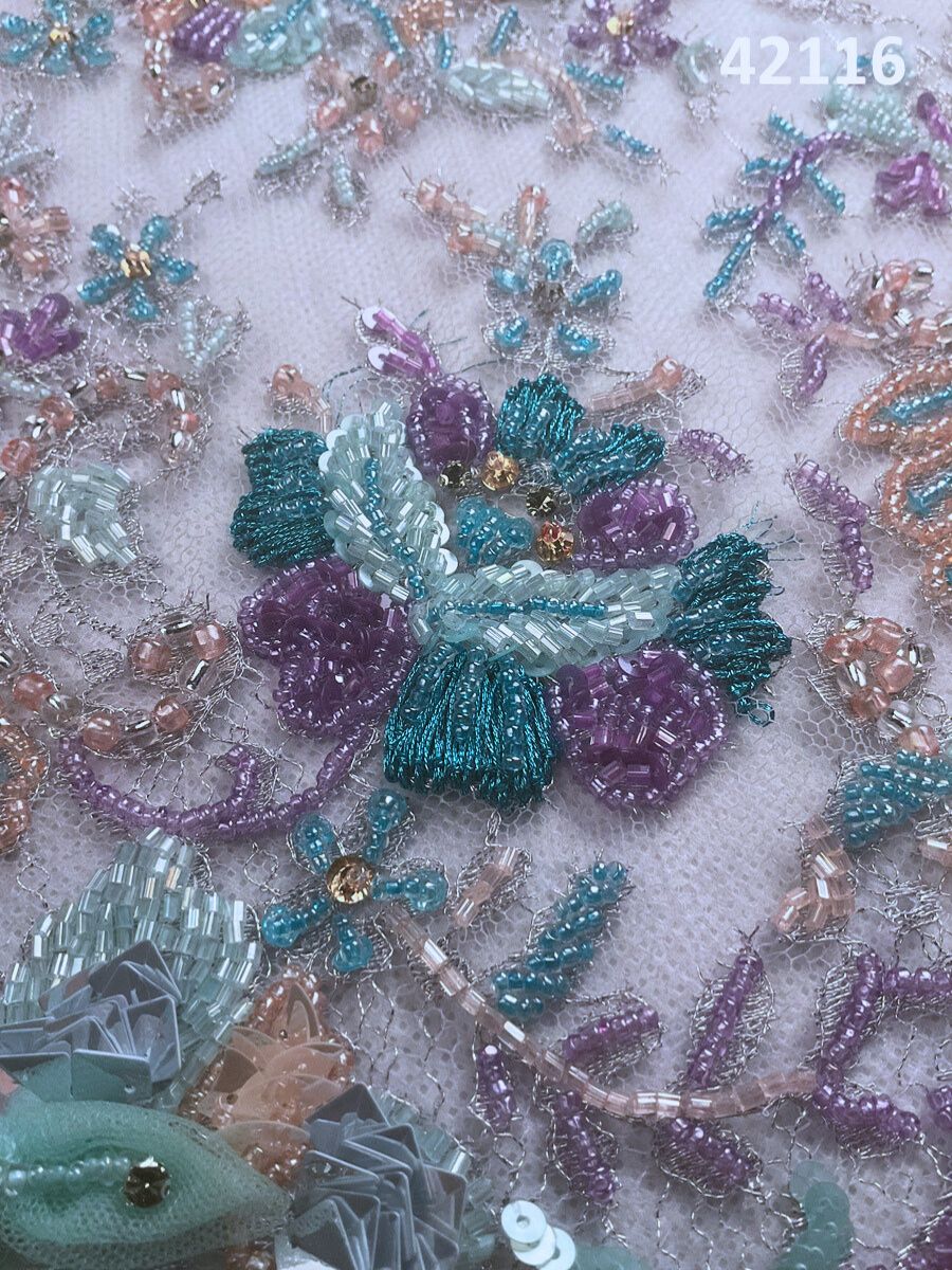 #42116 Glistening Gardens: Hand-Beaded French Lace Fabric Blossoming with Glittering Beads and Sequins