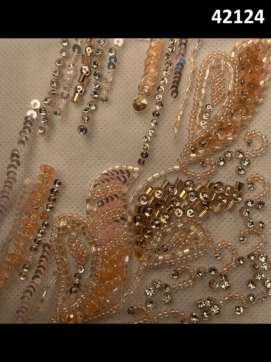 #42124 Dazzling Delights: Hand-Beaded Fabric Adorned with Captivating Beads and Sequins