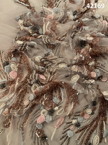 #42169 Artisan Hand-Beaded Fabric in Abstract Design – Intricately Embellished with Pearls, Sequins, Beads, and Rhinestones for Couture, Bridal, and Luxury Fashion Creations
