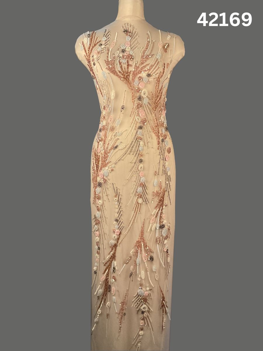 #42169 Artisan Hand-Beaded Fabric in Abstract Design – Intricately Embellished with Pearls, Sequins, Beads, and Rhinestones for Couture, Bridal, and Luxury Fashion Creations