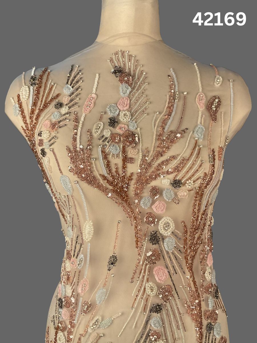 #42169 Artisan Hand-Beaded Fabric in Abstract Design – Intricately Embellished with Pearls, Sequins, Beads, and Rhinestones for Couture, Bridal, and Luxury Fashion Creations