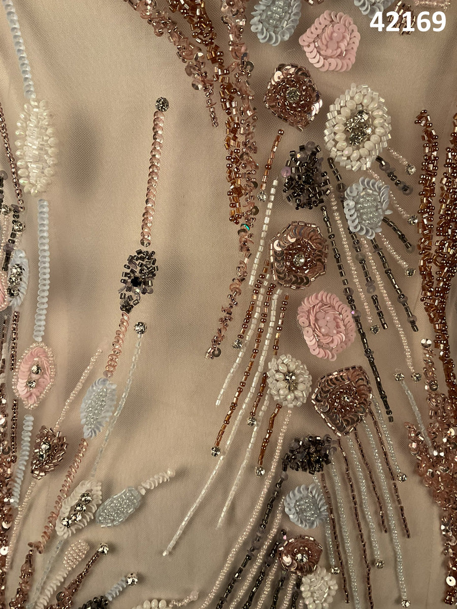 #42169 Artisan Hand-Beaded Fabric in Abstract Design – Intricately Embellished with Pearls, Sequins, Beads, and Rhinestones for Couture, Bridal, and Luxury Fashion Creations
