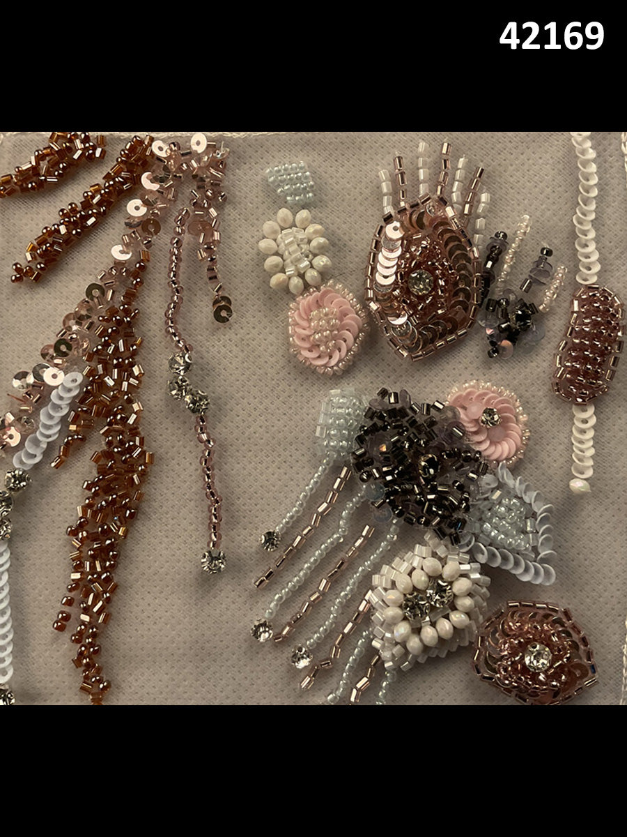 #42169 Artisan Hand-Beaded Fabric in Abstract Design – Intricately Embellished with Pearls, Sequins, Beads, and Rhinestones for Couture, Bridal, and Luxury Fashion Creations