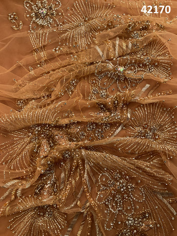 #42170 Luxurious Hand-Beaded Fabric in Floral Abstract Design – Lavishly Embellished with Sparkling Rhinestones, Beads, Sequins, and Crystals for Couture, Bridal, and Occasion Wear