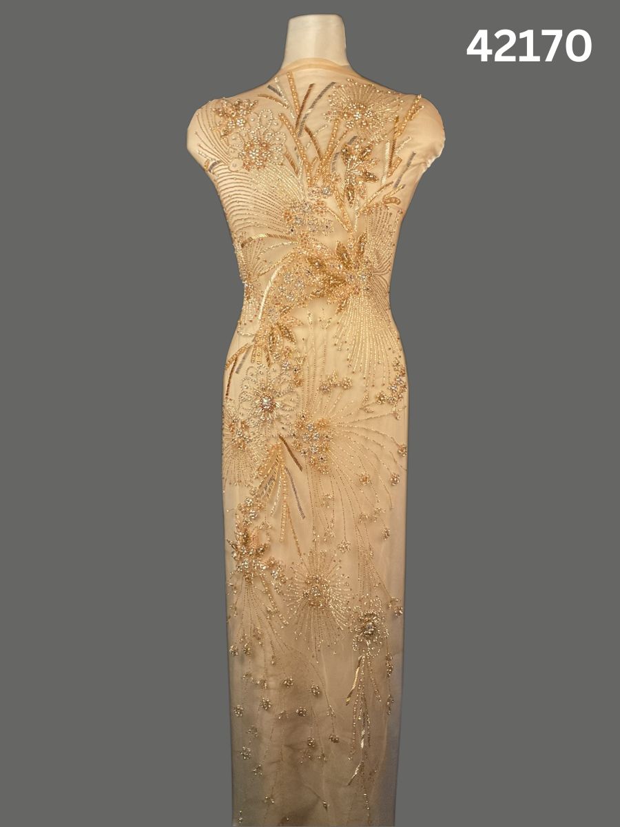 #42170 Luxurious Hand-Beaded Fabric in Floral Abstract Design – Lavishly Embellished with Sparkling Rhinestones, Beads, Sequins, and Crystals for Couture, Bridal, and Occasion Wear