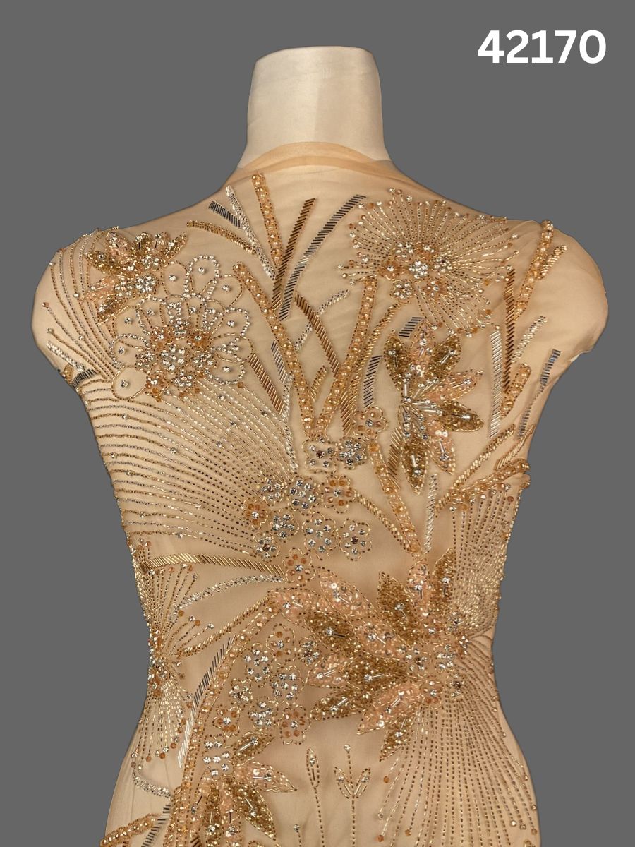 #42170 Luxurious Hand-Beaded Fabric in Floral Abstract Design – Lavishly Embellished with Sparkling Rhinestones, Beads, Sequins, and Crystals for Couture, Bridal, and Occasion Wear
