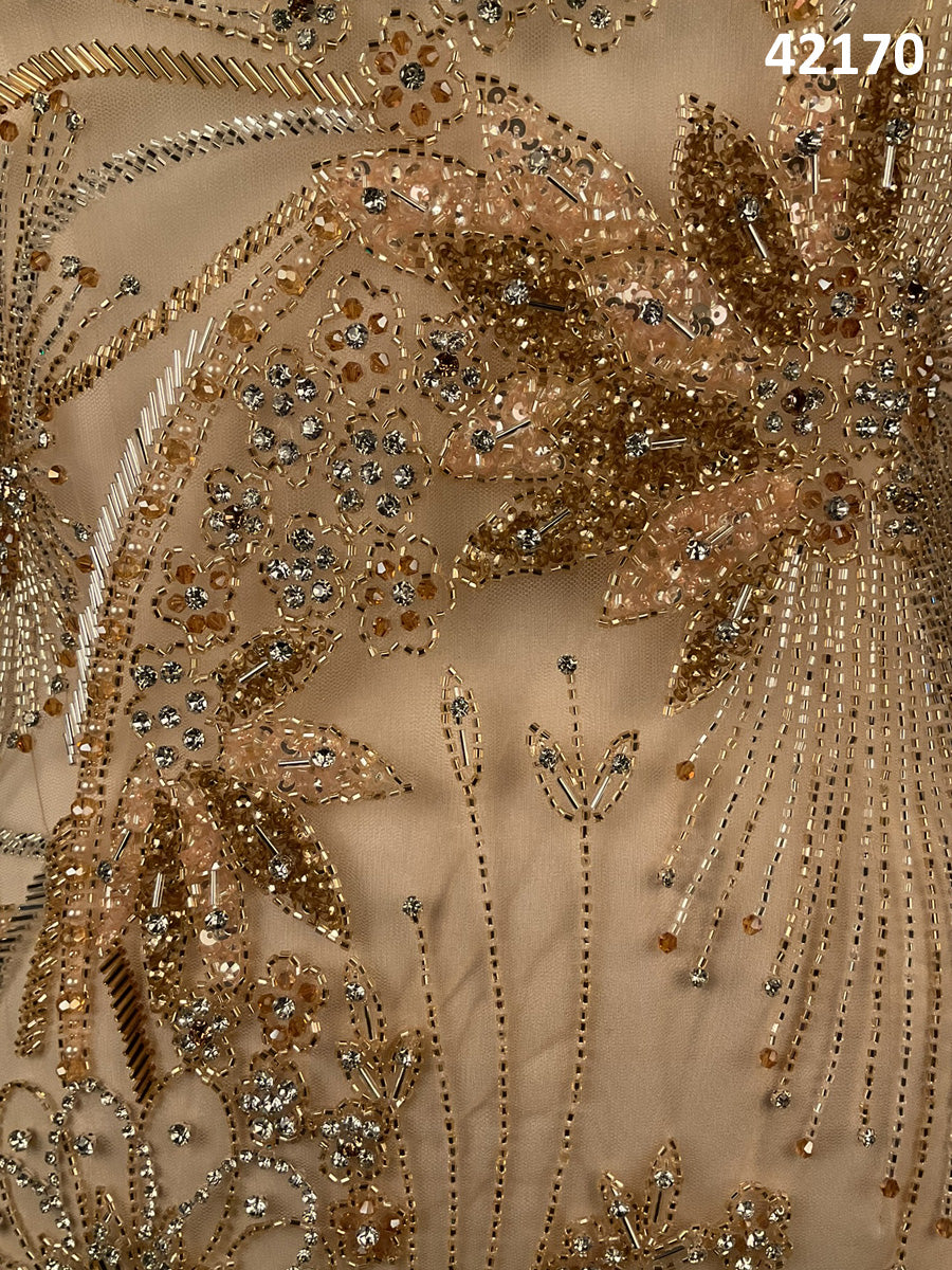 #42170 Luxurious Hand-Beaded Fabric in Floral Abstract Design – Lavishly Embellished with Sparkling Rhinestones, Beads, Sequins, and Crystals for Couture, Bridal, and Occasion Wear