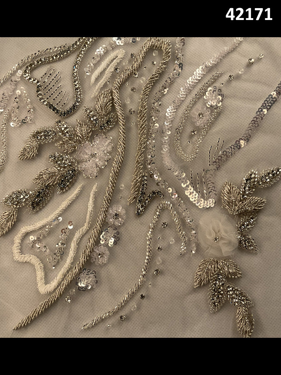 #42171 Vibrant Hand-Beaded Fabric in Abstract Design – Intricately Embellished with Rhinestones, Beads, Sequins, and Crystals for Luxury Couture, Bridal, and High-Fashion Creations