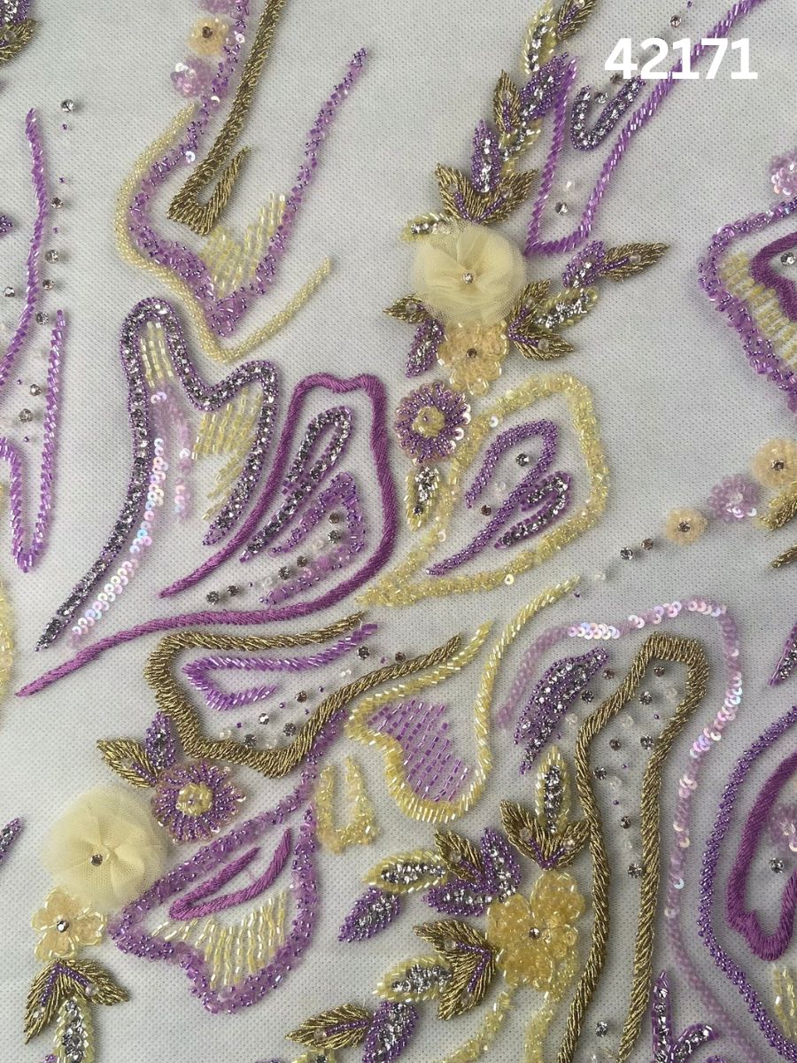 #42171 Vibrant Hand-Beaded Fabric in Abstract Design – Intricately Embellished with Rhinestones, Beads, Sequins, and Crystals for Luxury Couture, Bridal, and High-Fashion Creations