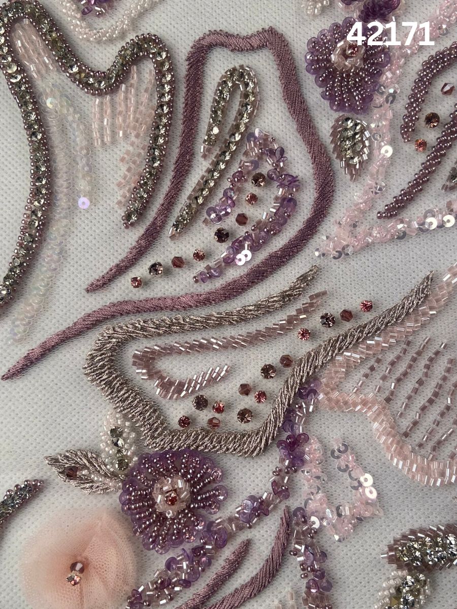 #42171 Vibrant Hand-Beaded Fabric in Abstract Design – Intricately Embellished with Rhinestones, Beads, Sequins, and Crystals for Luxury Couture, Bridal, and High-Fashion Creations