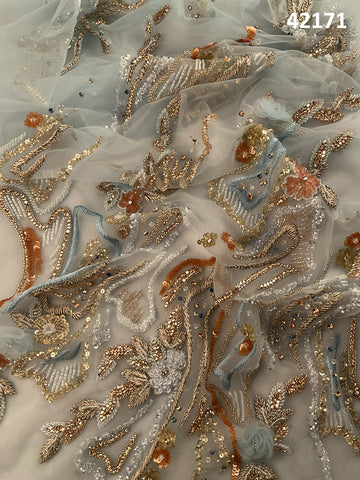 #42171 Vibrant Hand-Beaded Fabric in Abstract Design – Intricately Embellished with Rhinestones, Beads, Sequins, and Crystals for Luxury Couture, Bridal, and High-Fashion Creations