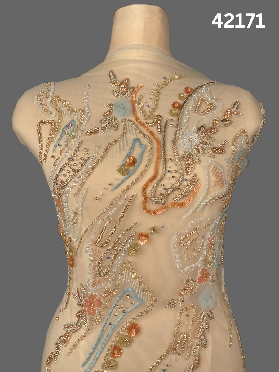 #42171 Vibrant Hand-Beaded Fabric in Abstract Design – Intricately Embellished with Rhinestones, Beads, Sequins, and Crystals for Luxury Couture, Bridal, and High-Fashion Creations