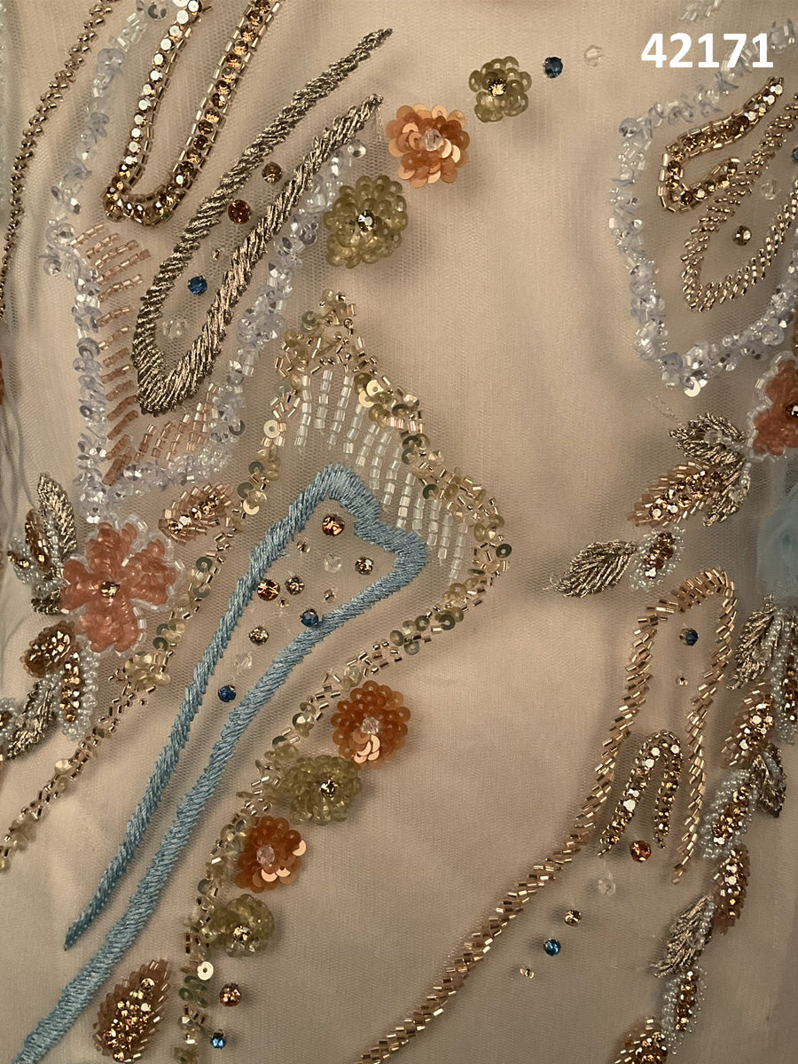 #42171 Vibrant Hand-Beaded Fabric in Abstract Design – Intricately Embellished with Rhinestones, Beads, Sequins, and Crystals for Luxury Couture, Bridal, and High-Fashion Creations