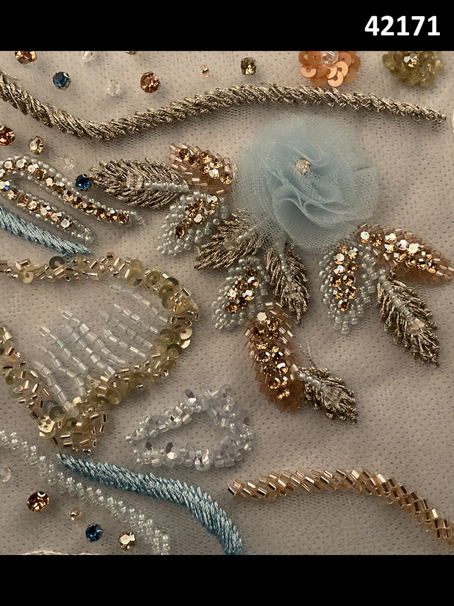 #42171 Vibrant Hand-Beaded Fabric in Abstract Design – Intricately Embellished with Rhinestones, Beads, Sequins, and Crystals for Luxury Couture, Bridal, and High-Fashion Creations
