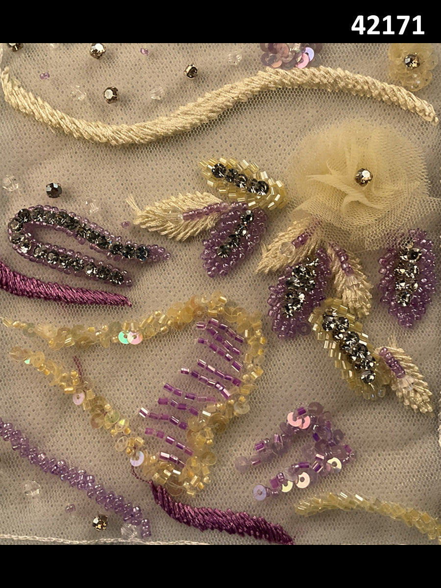 #42171 Vibrant Hand-Beaded Fabric in Abstract Design – Intricately Embellished with Rhinestones, Beads, Sequins, and Crystals for Luxury Couture, Bridal, and High-Fashion Creations