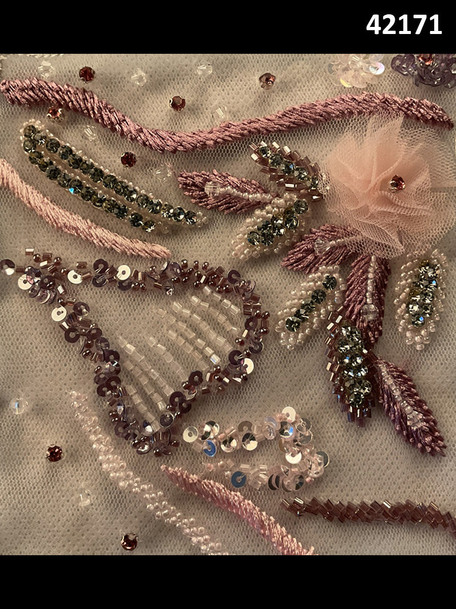 #42171 Vibrant Hand-Beaded Fabric in Abstract Design – Intricately Embellished with Rhinestones, Beads, Sequins, and Crystals for Luxury Couture, Bridal, and High-Fashion Creations