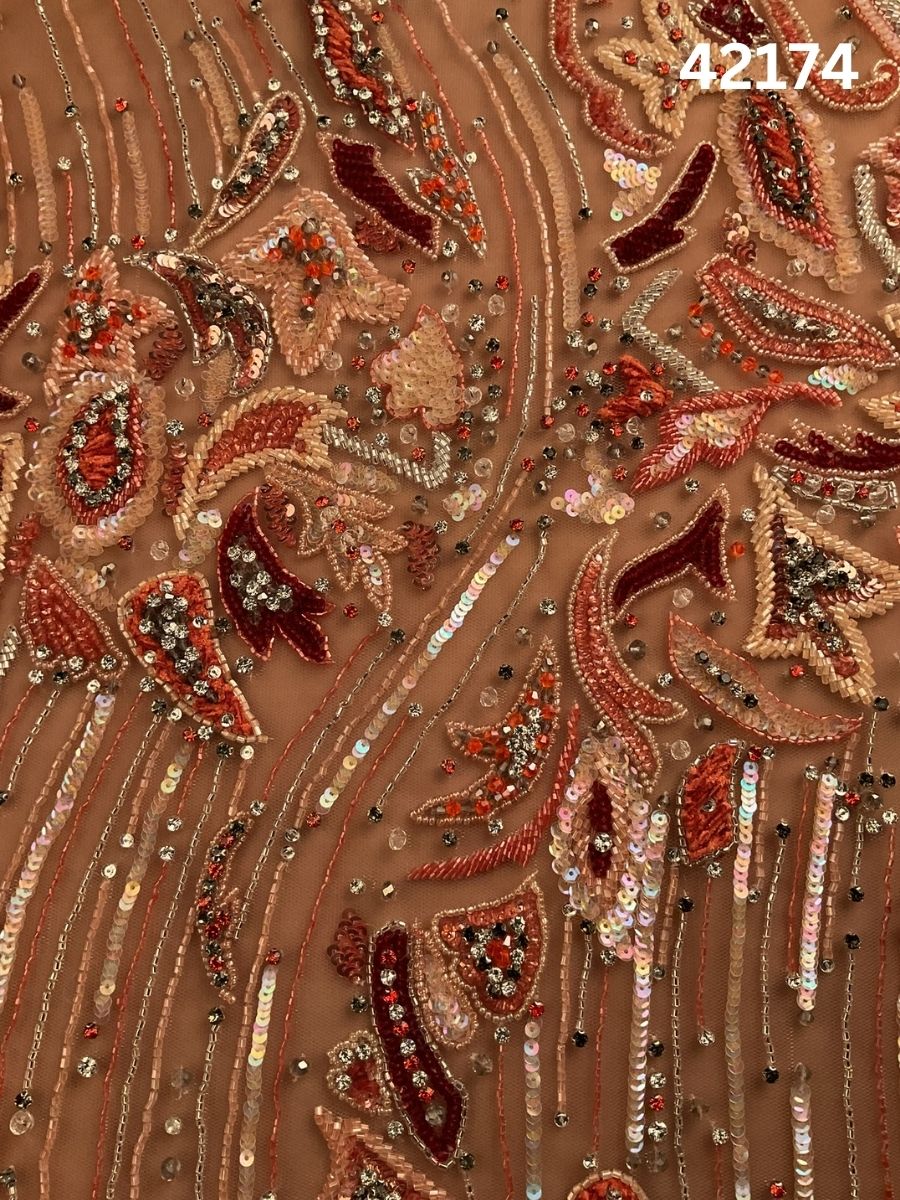 #42174 Artisanal Hand-Beaded Fabric in Abstract Design – Lavishly Embellished with Rhinestones, Beads, Sequins, and Crystals for High-End Couture, Bridal, and Designer Wear