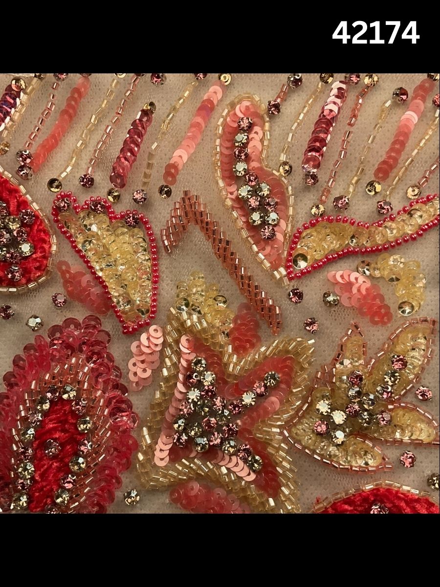 #42174 Artisanal Hand-Beaded Fabric in Abstract Design – Lavishly Embellished with Rhinestones, Beads, Sequins, and Crystals for High-End Couture, Bridal, and Designer Wear