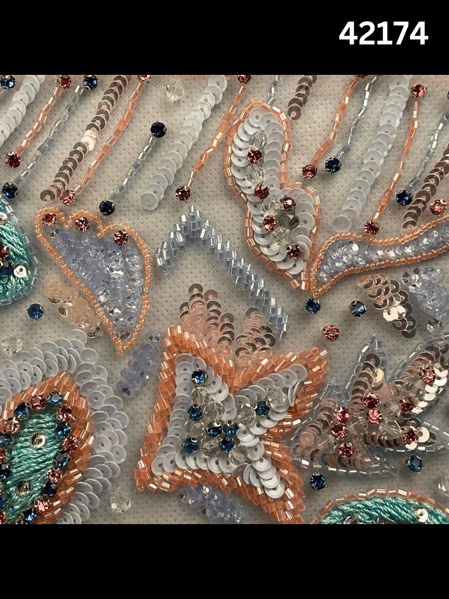 #42174 Artisanal Hand-Beaded Fabric in Abstract Design – Lavishly Embellished with Rhinestones, Beads, Sequins, and Crystals for High-End Couture, Bridal, and Designer Wear