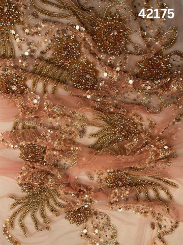 #42175 Opulent Hand-Beaded Fabric in Floral Design – Embellished with Radiant Rhinestones, Beads, Sequins, and Crystals for Couture, Bridal, and Luxury Fashion Creations