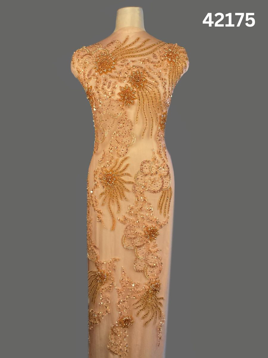 #42175 Opulent Hand-Beaded Fabric in Floral Design – Embellished with Radiant Rhinestones, Beads, Sequins, and Crystals for Couture, Bridal, and Luxury Fashion Creations