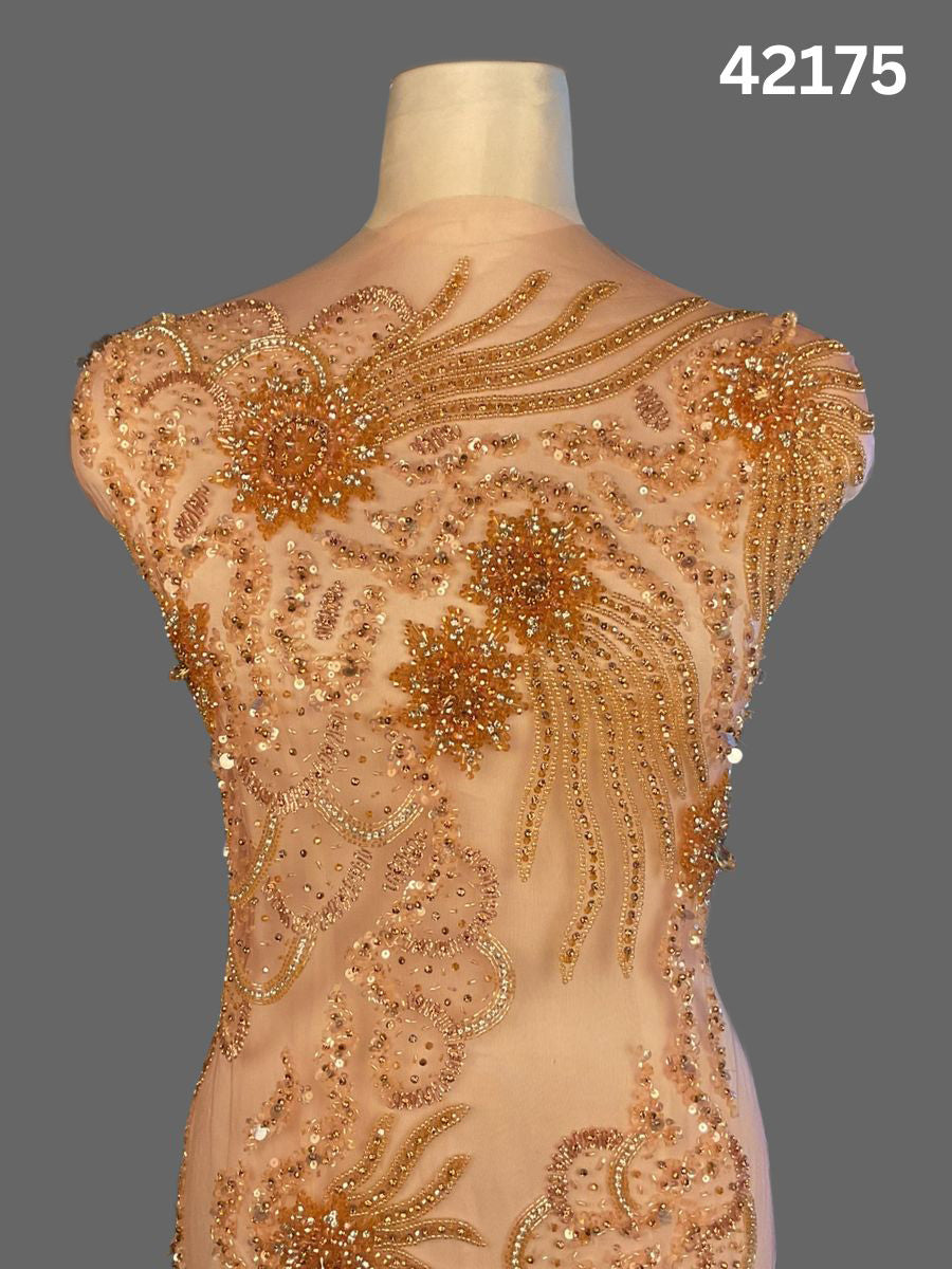#42175 Opulent Hand-Beaded Fabric in Floral Design – Embellished with Radiant Rhinestones, Beads, Sequins, and Crystals for Couture, Bridal, and Luxury Fashion Creations