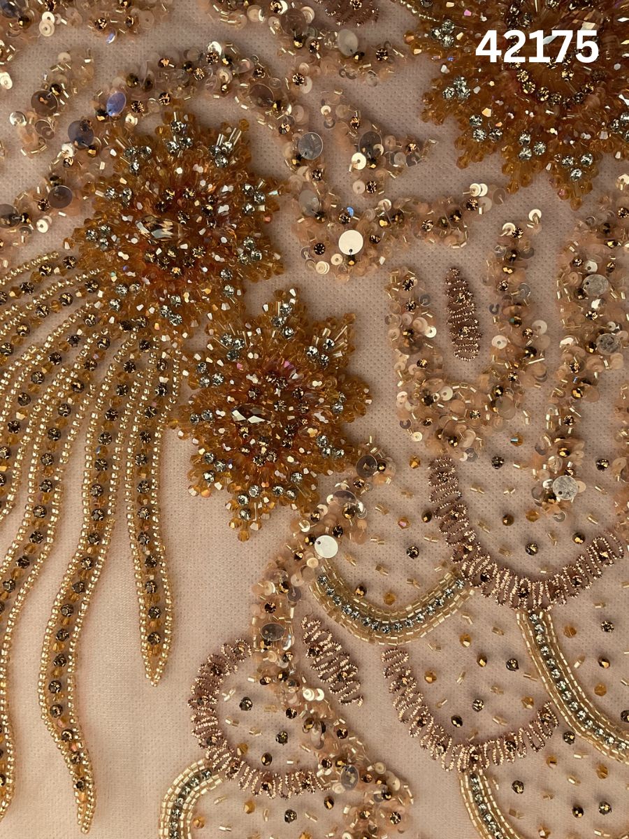 #42175 Opulent Hand-Beaded Fabric in Floral Design – Embellished with Radiant Rhinestones, Beads, Sequins, and Crystals for Couture, Bridal, and Luxury Fashion Creations