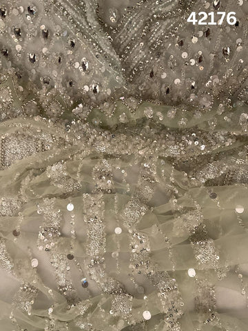 #42176 Elegant Hand-Beaded Fabric in Asymmetric Design – Intricately Embellished with Rhinestones, Sequins, Beads, and Pearls for Couture, Bridal, and Evening Wear