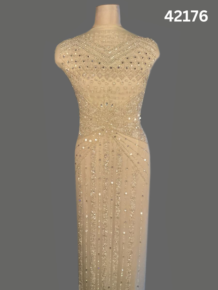 #42176 Elegant Hand-Beaded Fabric in Asymmetric Design – Intricately Embellished with Rhinestones, Sequins, Beads, and Pearls for Couture, Bridal, and Evening Wear