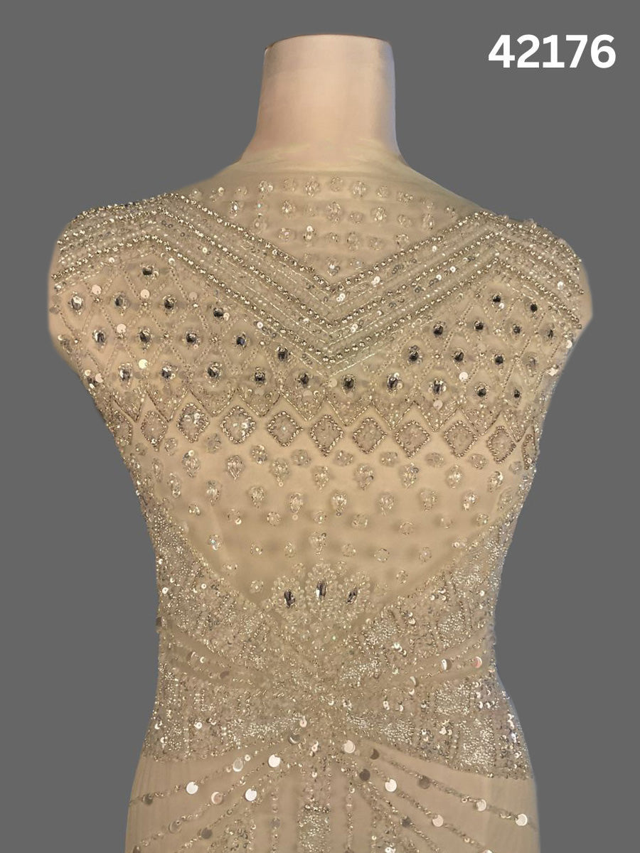 #42176 Elegant Hand-Beaded Fabric in Asymmetric Design – Intricately Embellished with Rhinestones, Sequins, Beads, and Pearls for Couture, Bridal, and Evening Wear