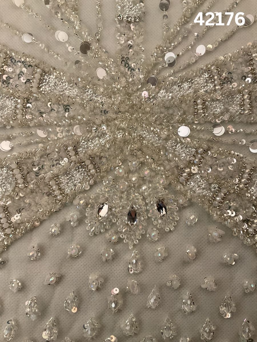 #42176 Elegant Hand-Beaded Fabric in Asymmetric Design – Intricately Embellished with Rhinestones, Sequins, Beads, and Pearls for Couture, Bridal, and Evening Wear