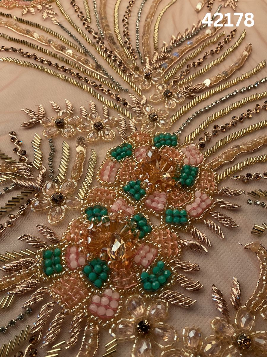 #42178 Vibrant Hand-Beaded Fabric in Multi-Color Floral Design – Intricately Embellished with Beads, Rhinestones, Sequins, and Crystals for Luxury Bridal, Couture, and Occasion Wear