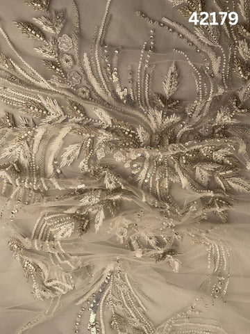 #42179 Luxurious Hand-Beaded Fabric in Abstract Design – Embellished with Intricate Beads, Rhinestones, Sequins, Crystals, Pearls, and Fine Thread Work for Couture, Bridal, and High-End Fashion