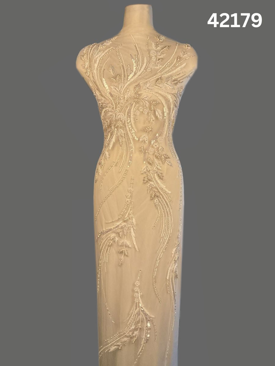 #42179 Luxurious Hand-Beaded Fabric in Abstract Design – Embellished with Intricate Beads, Rhinestones, Sequins, Crystals, Pearls, and Fine Thread Work for Couture, Bridal, and High-End Fashion