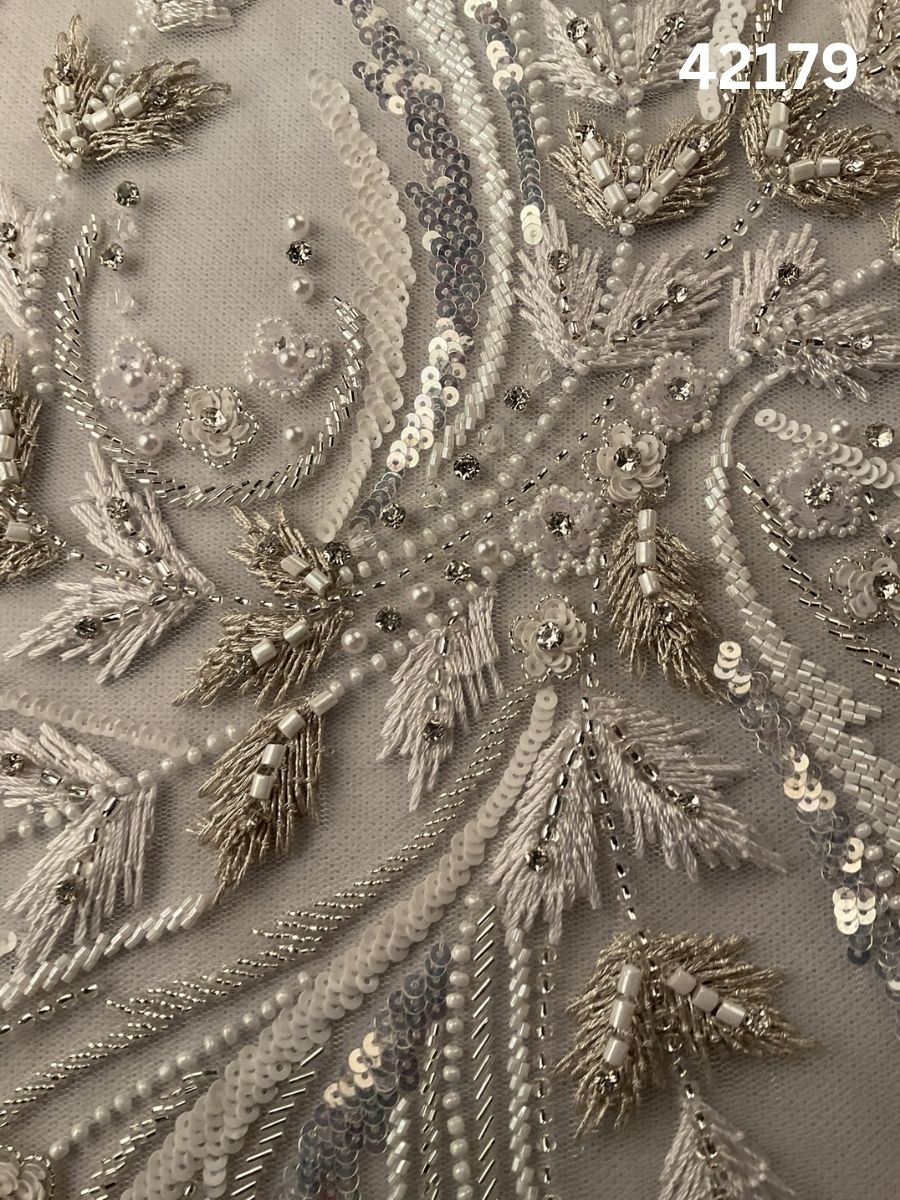 #42179 Luxurious Hand-Beaded Fabric in Abstract Design – Embellished with Intricate Beads, Rhinestones, Sequins, Crystals, Pearls, and Fine Thread Work for Couture, Bridal, and High-End Fashion