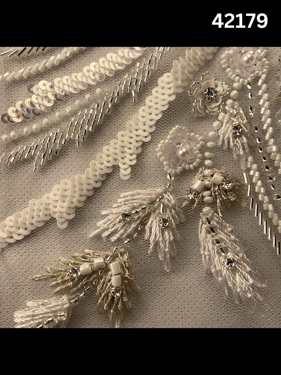 #42179 Luxurious Hand-Beaded Fabric in Abstract Design – Embellished with Intricate Beads, Rhinestones, Sequins, Crystals, Pearls, and Fine Thread Work for Couture, Bridal, and High-End Fashion