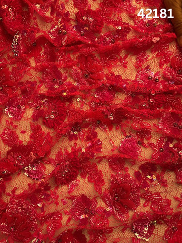 #42181 Opulent Hand-Beaded Red Floral Lace Fabric – Embellished with Beads, Sequins, Rhinestones, and Appliqués for Haute Couture, Bridal, and Evening Wear